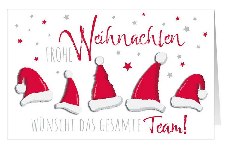 Originelle Firmenweihnachtskarte mit roten Mützen, Sternchen und Teamgruß für Ärzte ohne Grenzen