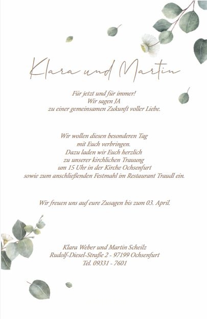 Hochzeitskarte mit Eukalyptusblättern und Gestaltungsvorschlag für den Rückseitendruck