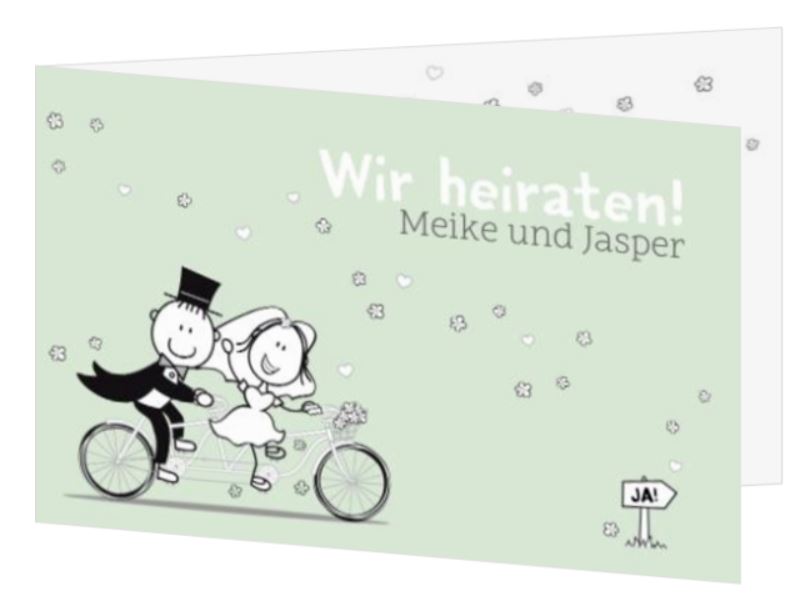 Mintgrüne Einladungskarte zur Hochzeit mit Braut und Bräutigam auf dem Tandem ins gemeinsame Glück