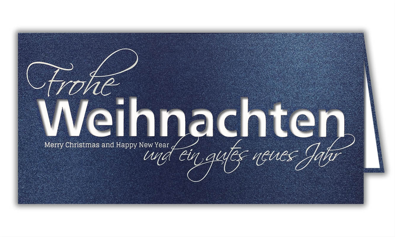 Blaue Weihnachtskarte mit weißem Einlegeblatt, deutsch-englischem Gruß im DIN lang Format