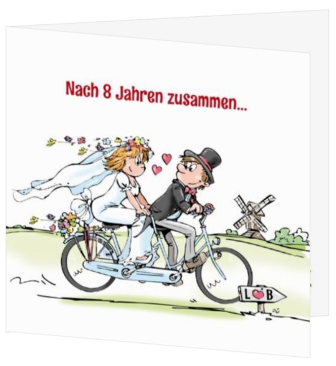 Lustige Comic-Einladungskarte zur Hochzeit mit Braut und Bräutigam auf Tandem an Windmühlen vorbei