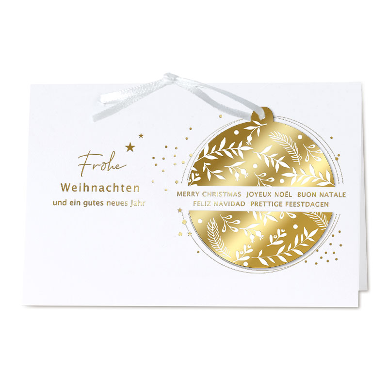 Internationale Spenden-Weihnachtskarte mit eingesteckter Kugel für Herzenswünsche e.V.