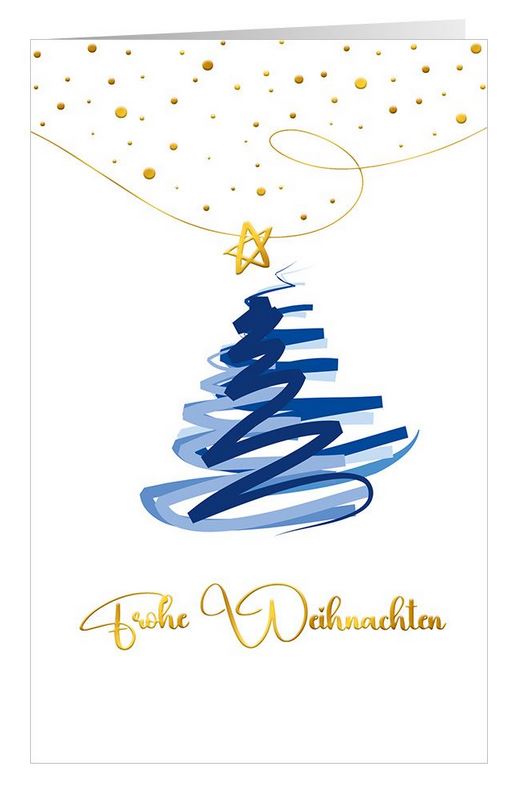 Weiss-Blaue Weihnachtskarte mit abstraktem Baum und Stern sowie "Frohe Weihnachten" in gold