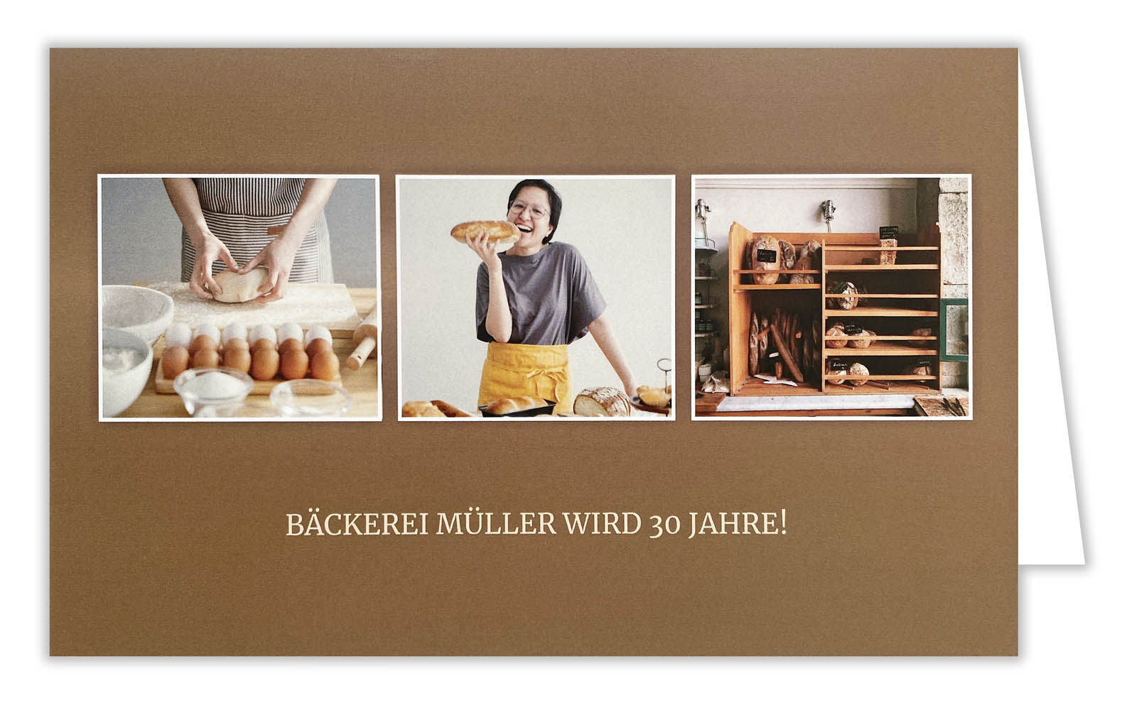 Persönliche Einladungskarte zum Firmenjubiläum mit eigenen Bildern als Collage und Texteindruck innen. Im Beispiel für eine Bäckerei gestaltet.