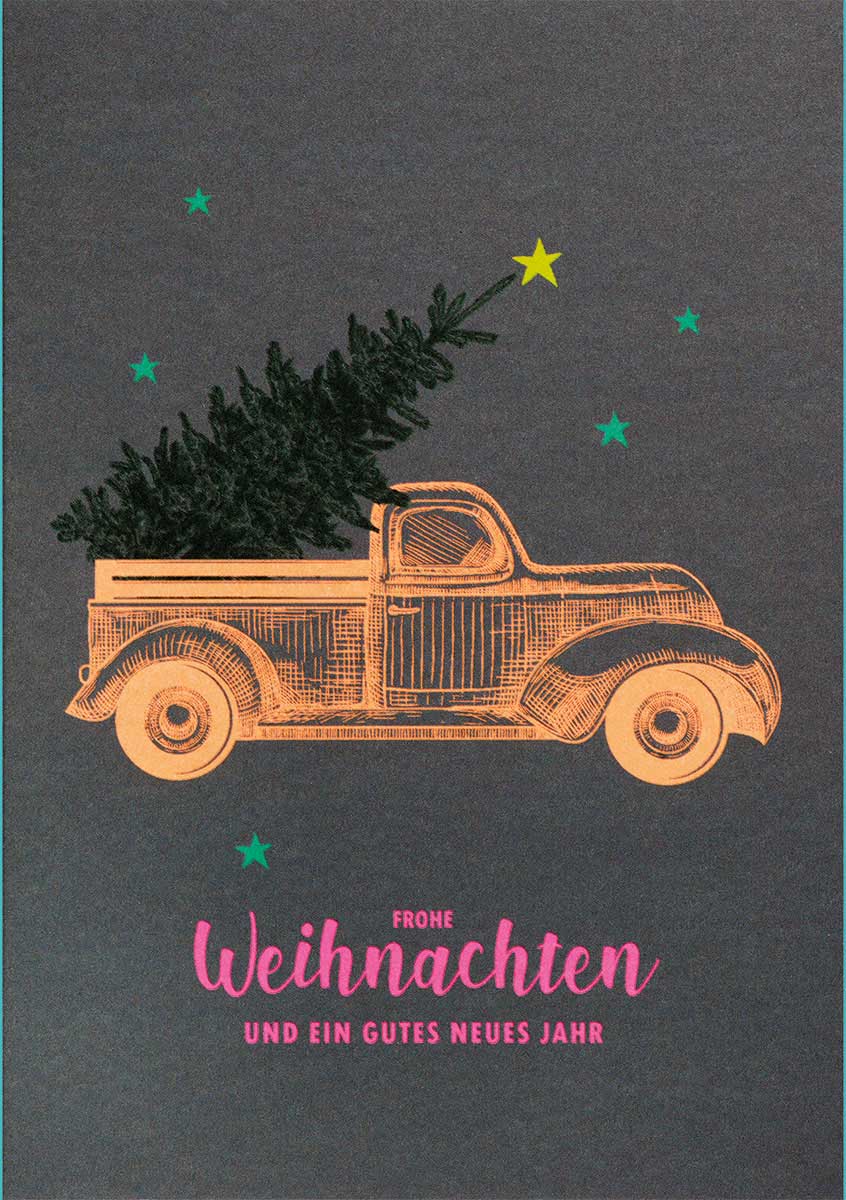 Moderne Weihnachtskarte mit Pickup und Weihnachtsbaum in tollen Neon-Sonderfarben