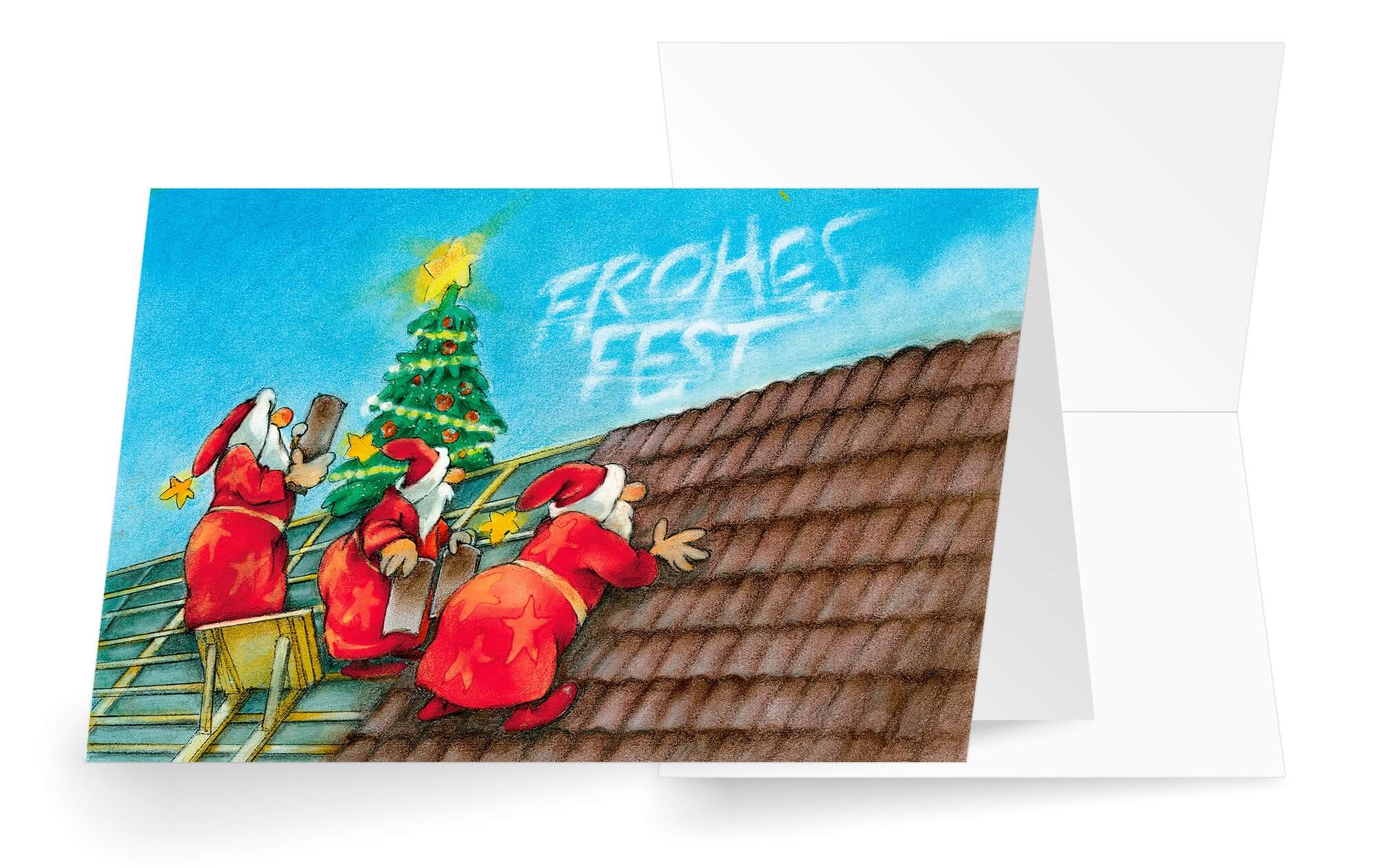 Bunte Weihnachtskarte mit Weihnachtsmännern beim Dachdecken und Gruß "Frohes Fest"