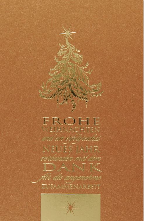 Günstige Firmenweihnachtskarte in bronze-metallic mit Baum, Stern und Gruß in goldener Prägung