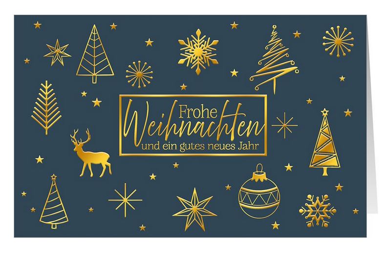 Blaue Weihnachtskarte mit Goldfolienprägung von Weihnachtsgruß und weihnachtlichen Symbolen