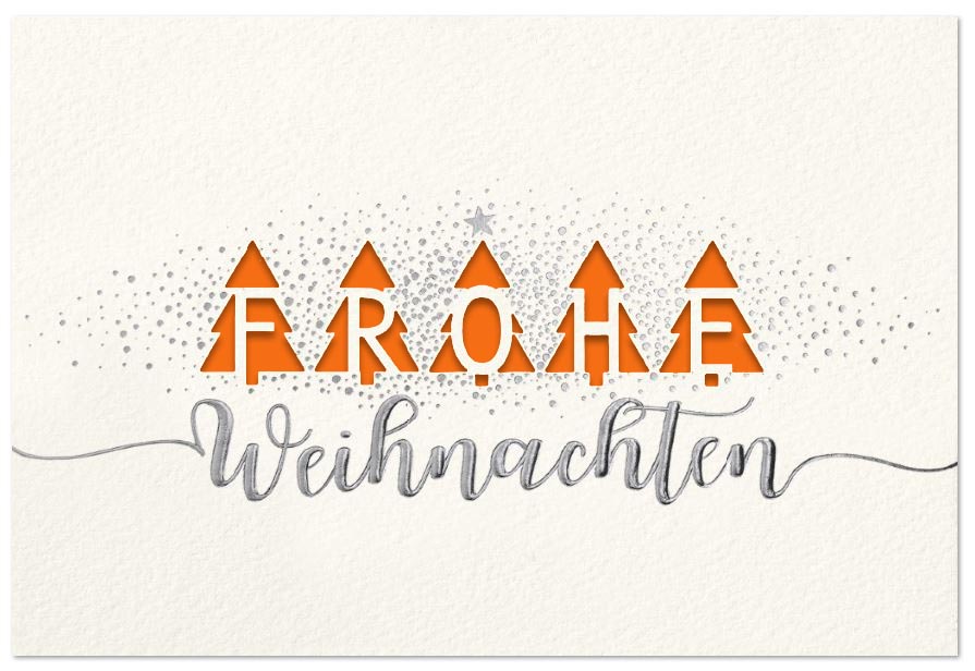 Weiße Weihnachtskarte aus Aquarellkarton mit Silberprägung, Laserstanzung und Einleger in orange