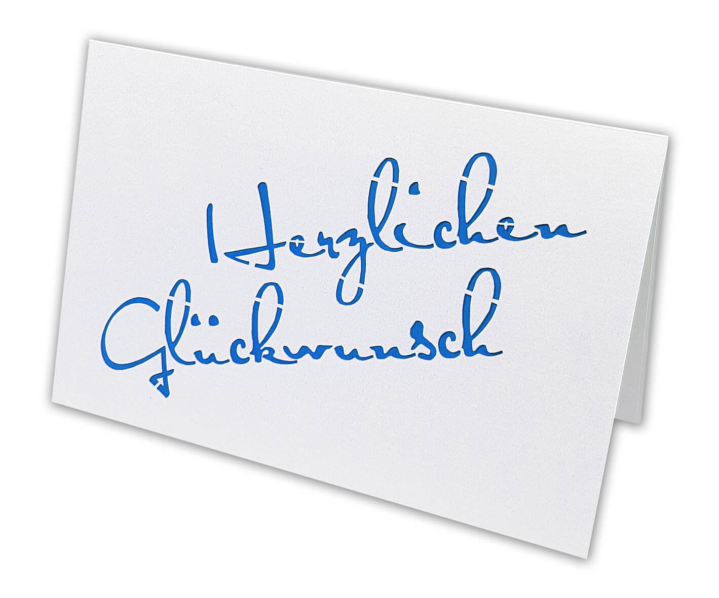 Weiße Metallic-Glückwunschkarte mit Ausstanzung "Herzlichen Glückwunsch" und Einlegeblatt in blau / weiß