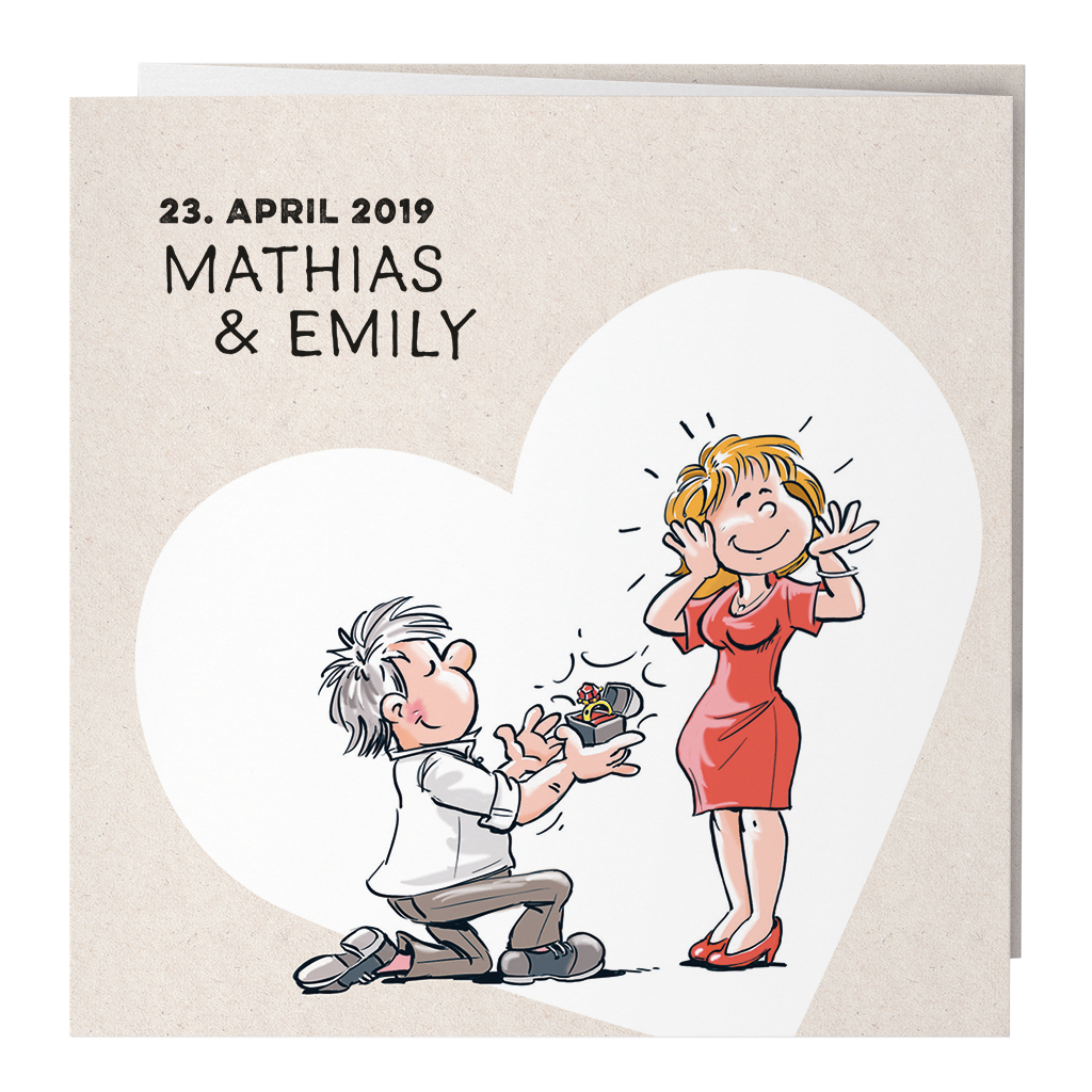 Witzige Leporello-Hochzeitskarte mit Heiratsantrag und Brautpaar Comic