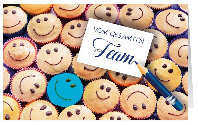 Lustige Firmenglückwunschkarte für viele Anlässe mit Smiley-Muffins und Grüßem vom Team