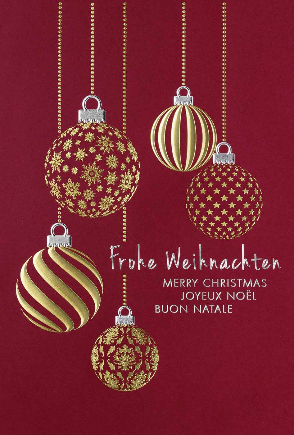 Dunkelrote Weihnachtskarte mit Gold- und Silberfolienprägung und internationalen Grüßen