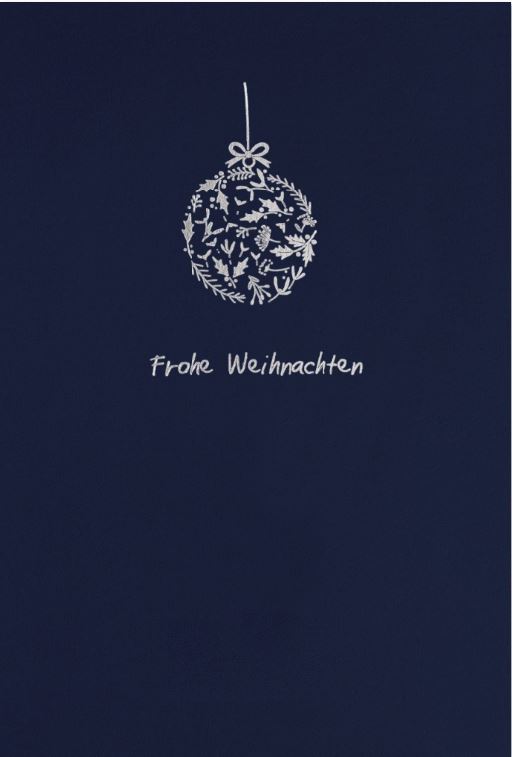 Weihnachtskarte in blau mit Silberfolienprägung "Frohe Weihnachten" und floraler Weihnachtskugel