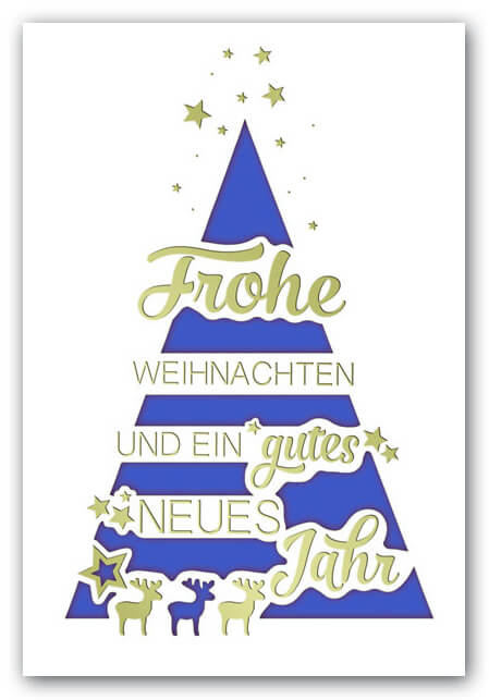 Weihnachtskarte weiss mit blauem Falteinleger, Goldfolienprägung und Stanzung