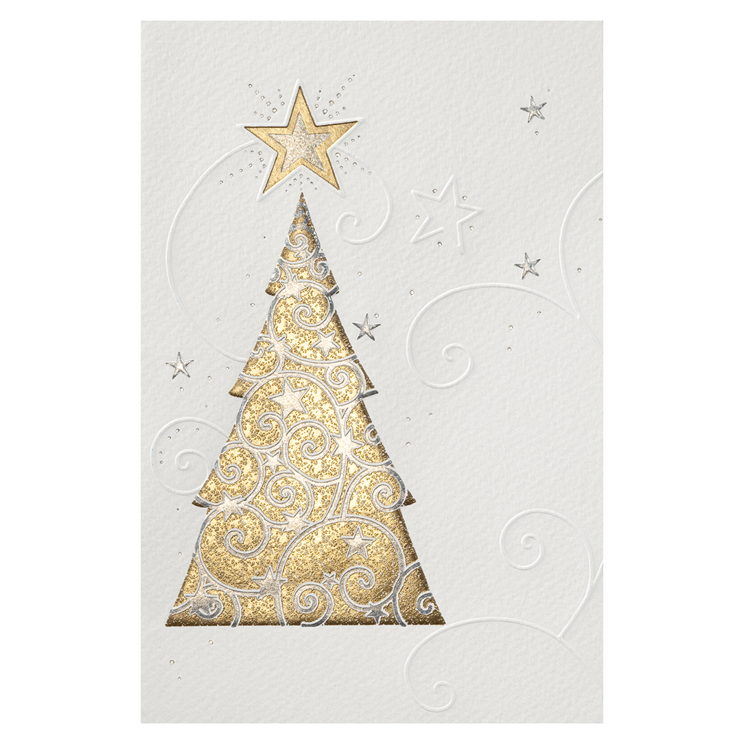 Weihnachtskarte aus Aquarellkarton mit goldenem Weihnachtsbaum und Sternen