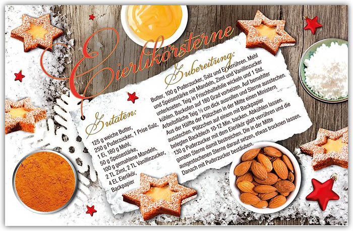 Rezeptkarte für Eierlikörsterne Weihnachtskarte mit weihnachtlichem Duft