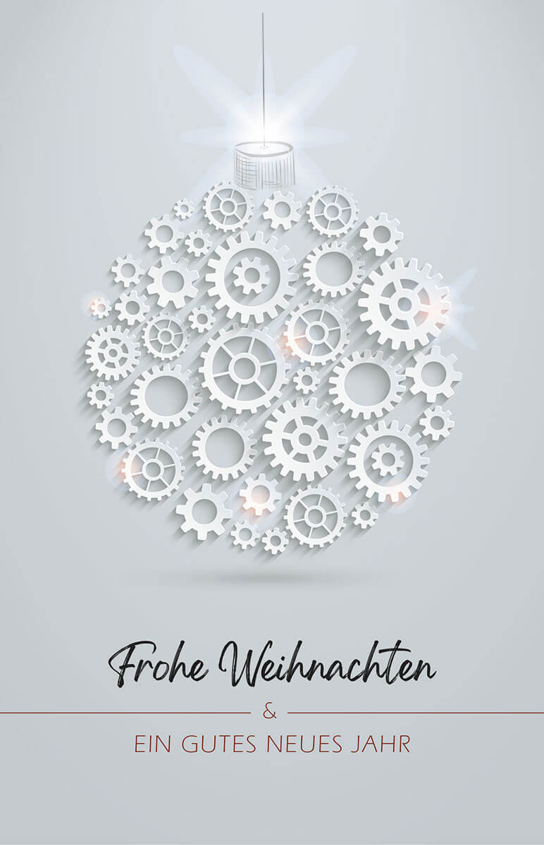 Weiße Weihnachtskarte mit kleinen Zahnrädchen in einer Christbaumkugel und Weihnachtsgruß