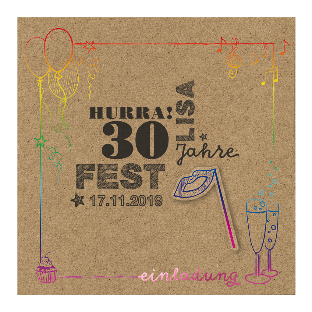 Fröhliche Einladungskarte zum 30. Geburtstag im Packpapier-Stil