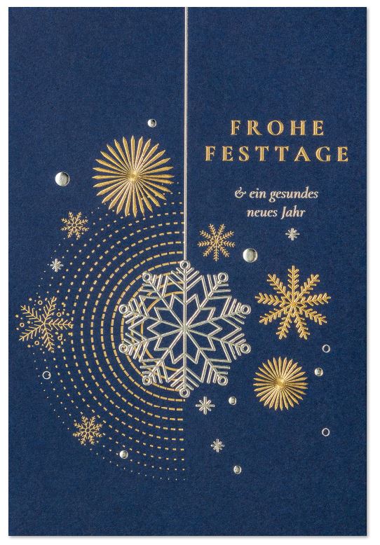 Elegante Weihnachtskarte in blau mit Gold- und Silberfolienprägung von Gruß und Eiskristallen