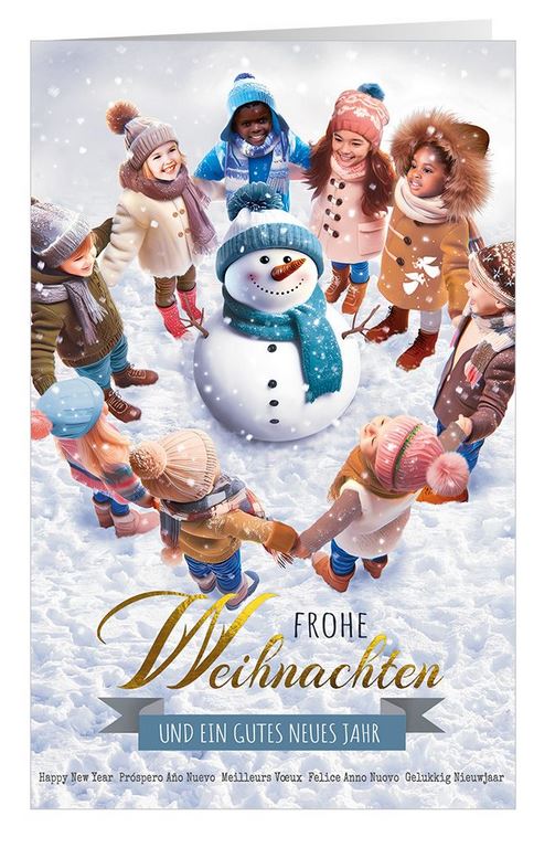 Spendenweihnachtskarte mit Kindern, Schneemann und internationalem Gruß für Ärzte ohne Grenzen