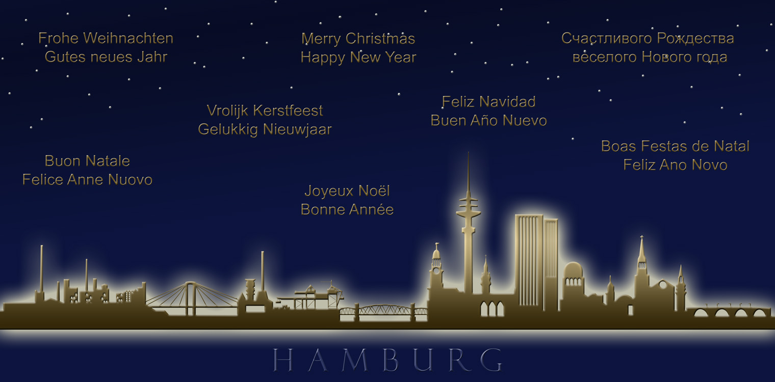 Weihnachtskarte Skyline Hamburg Sehenswürdigkeiten mit internationalen Weihnachtsgrüßen