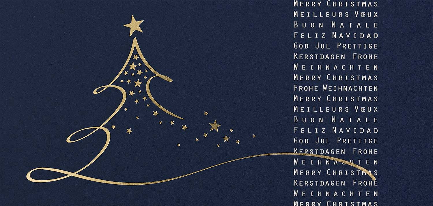 Internationale Weihnachtskarte in dunkelblau mit Gold- und Silberfolienprägung, DIN lang