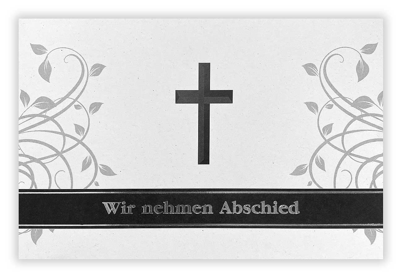 Trauer-Anzeigekarte "Wir nehmen Abschied" mit schwarzem Kreuz und floralem Ornament