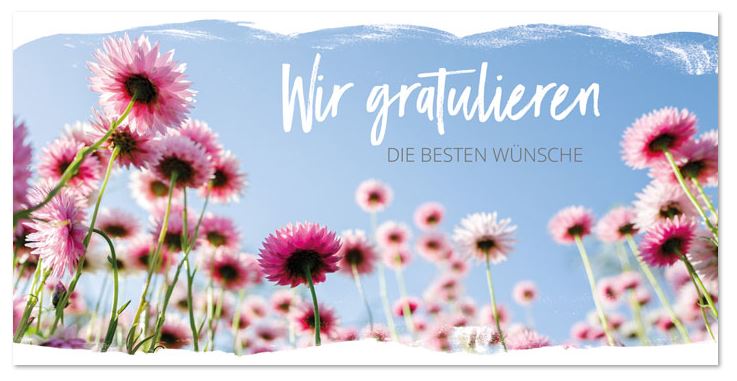 Glückwunschkarte DIN lang aus Aquarellkarton mit rosa Gänseblümchen unter blauem Himmel