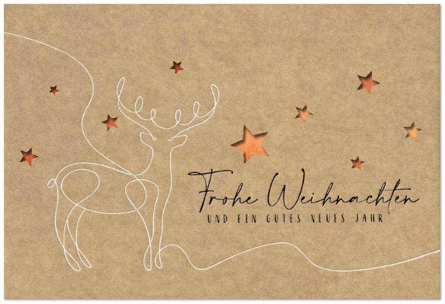 Naturbraune Weihnachtskarte mit Laserstanzung Sterne, Hirsch und Einlegeblatt in kupfer