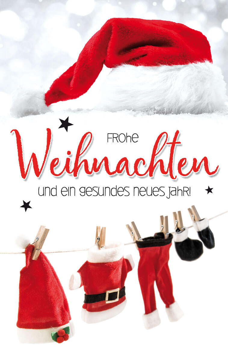 Lustige Weihnachtskarte in kompakter Größe mit Wäscheleine und Kleidung des Weihnachtsmannes