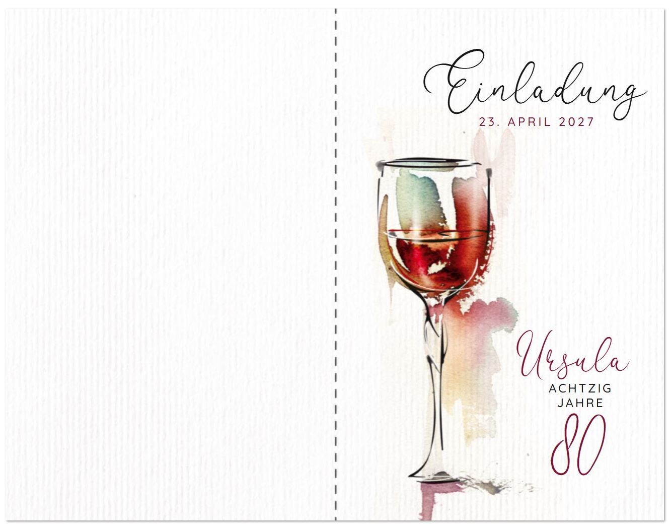 Außenseite Stilvolle Einladungskarte zum 80. Geburtstag mit Weinglas im Aquarellstil