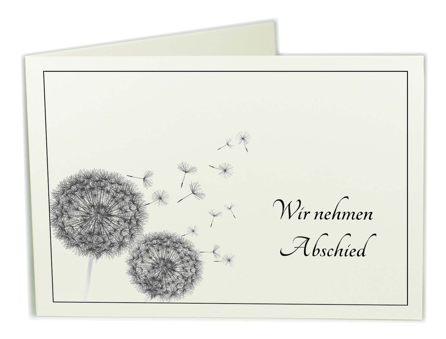 Trauer-Anzeige-Karte cremeweiß mit Pusteblume - Löwenzahn-Motiv, Beispieltext "Wir nehmen Abschied" und schwarzem Trauerrand