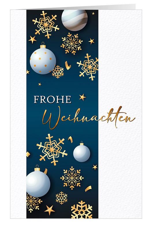 Festliche Weihnachtskarte in blau und weiß mit Weihnachtskugeln, Eiskristallen und "Frohe Weihnachten"