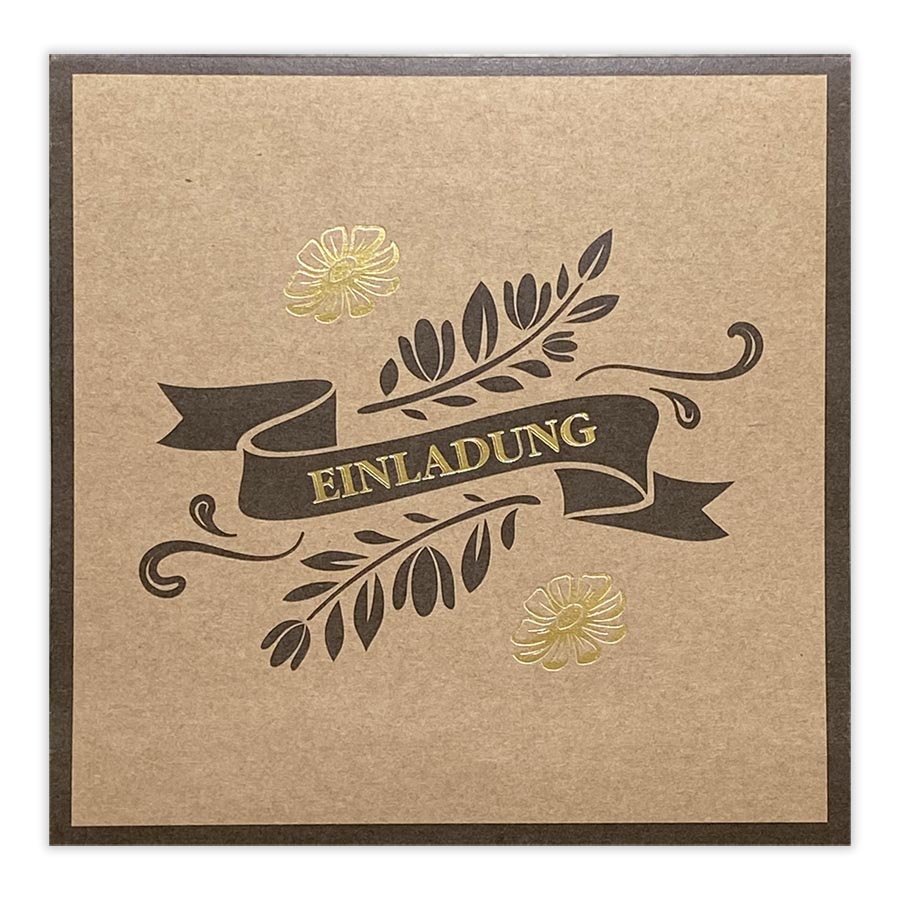 Naturbraune Pocketeinladung mit Goldfolienprägung und Einsteckkarten für eigenes Foto und Text