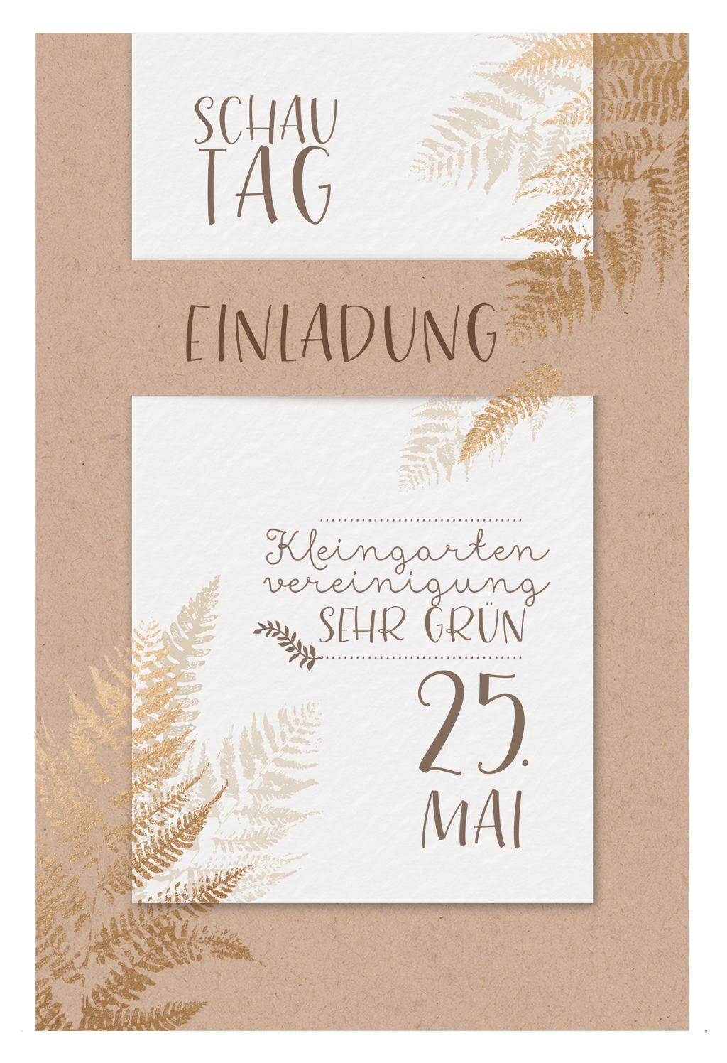 Naturbraune Einladungskarte aus Kraft- und Aquarellkarton mit goldenen Farnen 