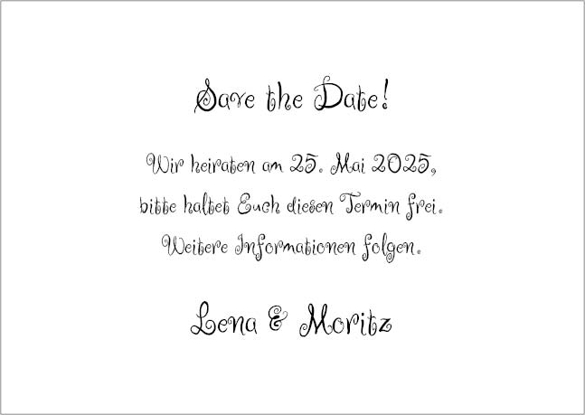 Witzige Save the Date Karte mit süßen Elefanten, mit Mustertext für die Hochzeit (Rückseite)