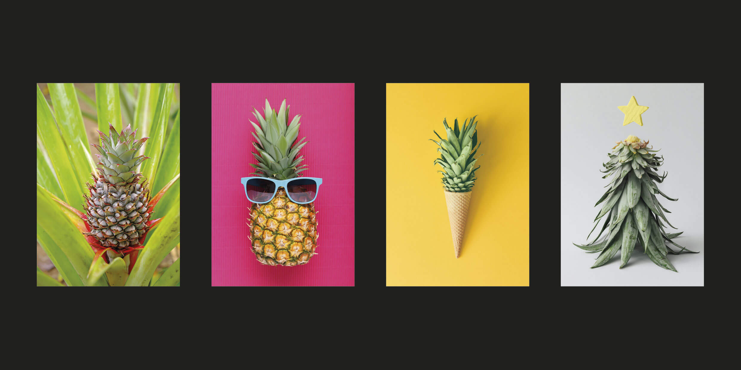 Farbenfrohe Weihnachtsgrußkarte mit unterschiedlich dekorierter Ananas im lustigen Design