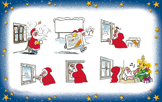 Humvorvolle Weihnachtskarte für Fenster- und Türenbaufirmen mit lustiger Illustration