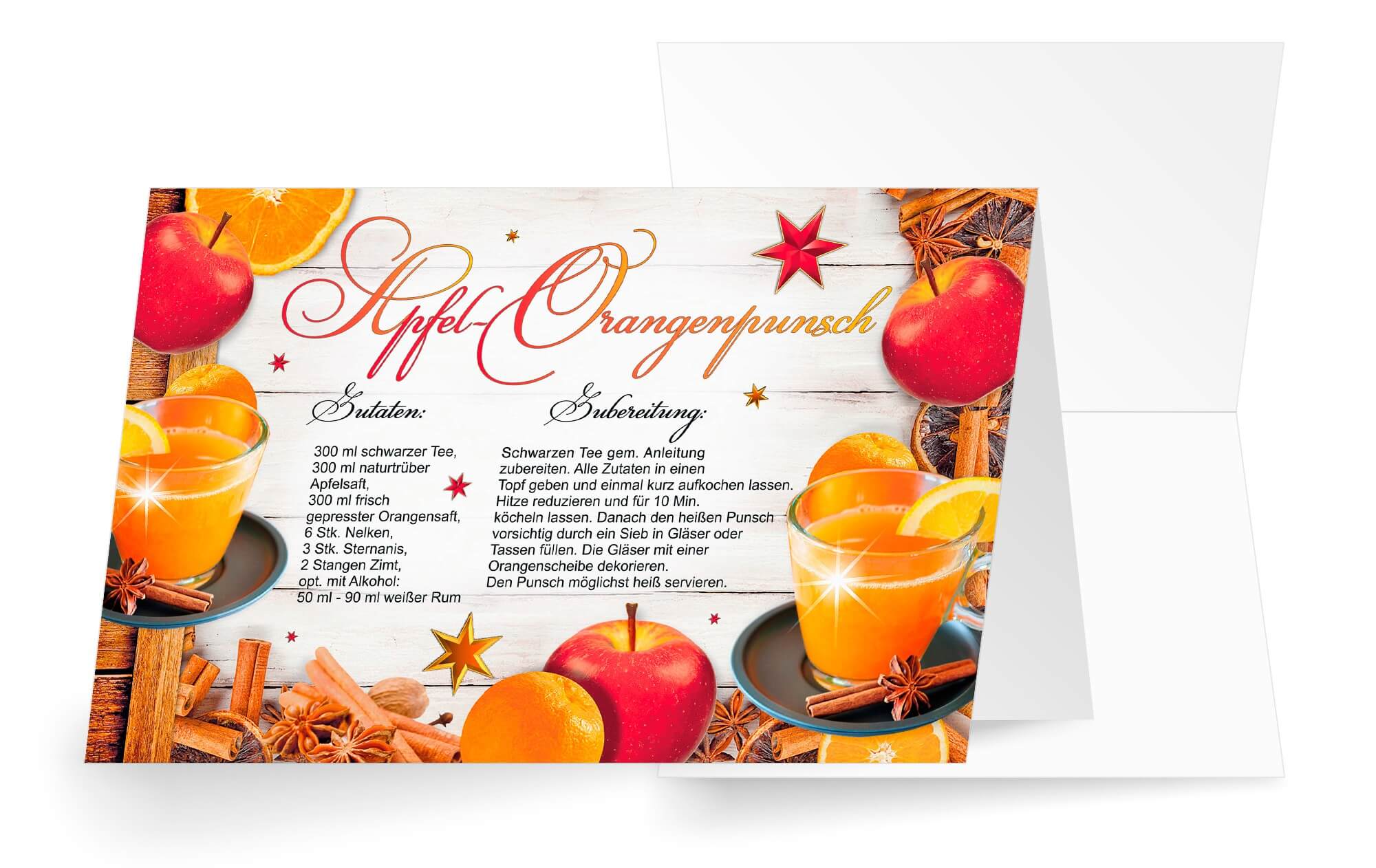 Duftkarte mit Rezept und Zutatenliste für einen Apfel-Orangenpunsch als Weihnachtskarte