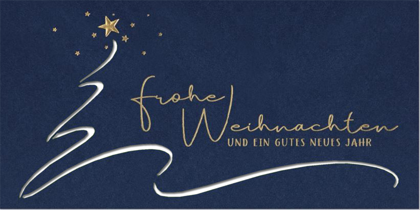 Moderne Weihnachtskarte in blau mit Laserstanzung und Einlegeblatt in weiß