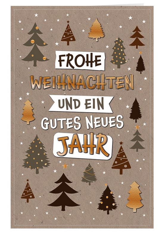 Braune Weihnachtskarte mit Tannenbäumen, Sternen und "Frohe Weihnachten und ein gutes neues Jahr"