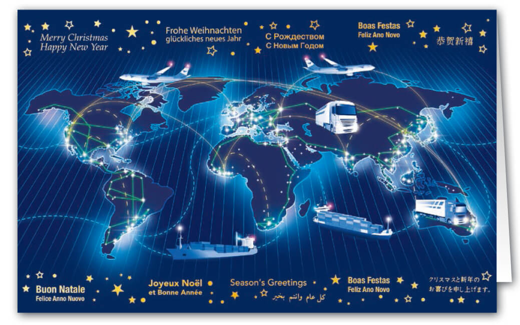 Mehrsprachige Weihnachtskarte für Logistik- und Transportunternehmen mit internationalen Grüßen