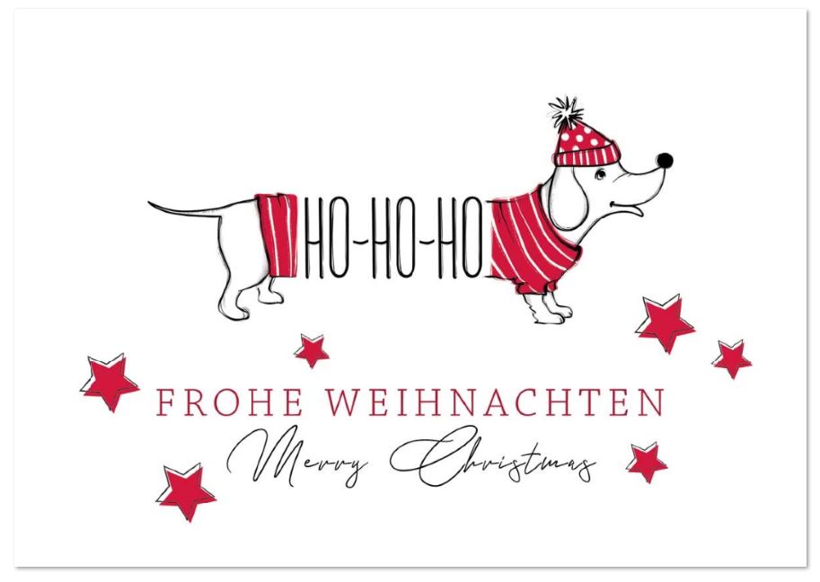 Putzige Weihnachtsgrußkarte "Happy Christmas Dog" mit deutsch-englischem Weihnachtsgruß und HO HO HO