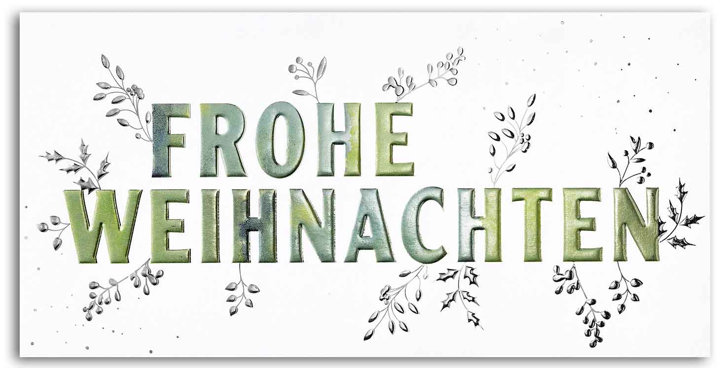 Weiße Weihnachtskarte mit "Frohe Weihnachten" in grünblau und Silberfolienprägung