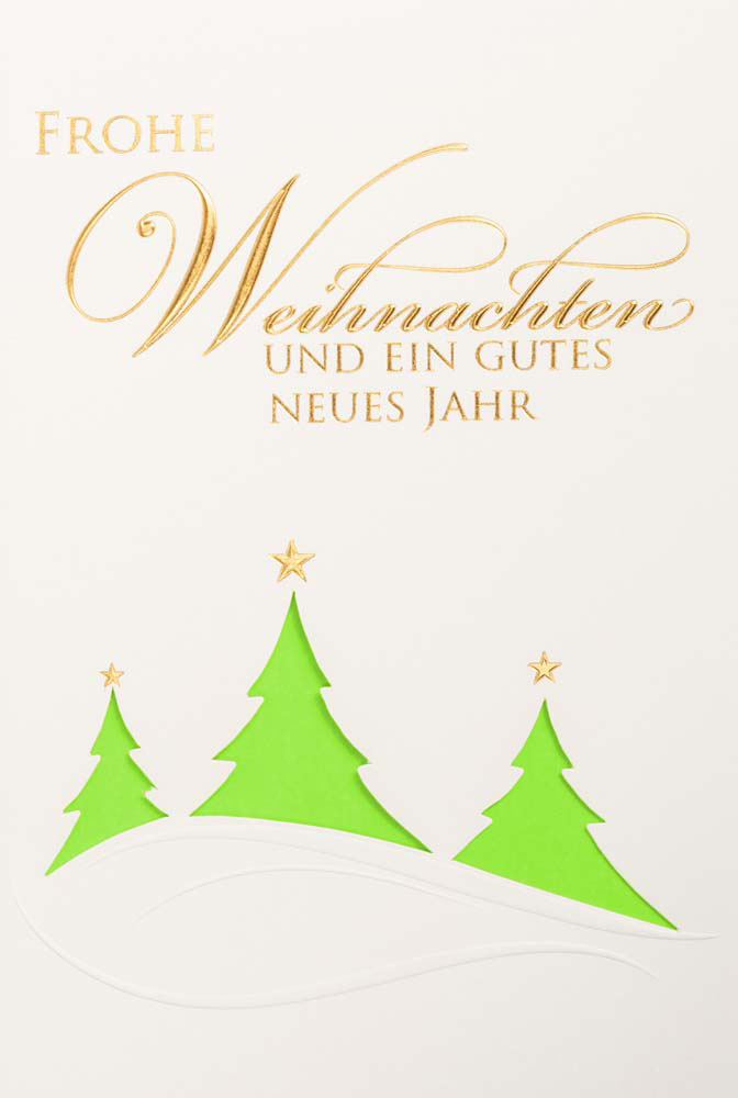 Weiße Weihnachtskarte mit Goldfolienprägung Weihnachtsgruß und grünem Einlegeblatt