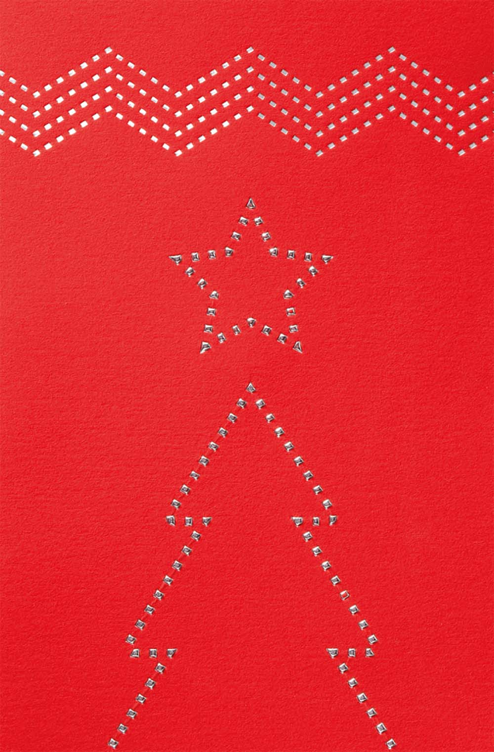 Rote Weihnachtskarte mit Relief- und Folienprägung in silber von Baum und Stern