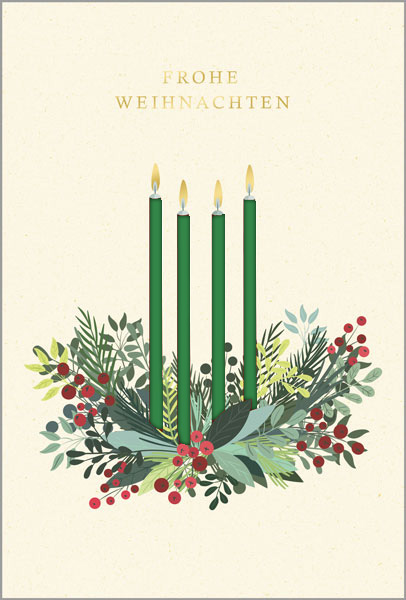 Weihnachtskarte mit Kerzen im floralen Gesteck, Weihnachtsgruß und Laserstanzung, Einleger dunkelgruen