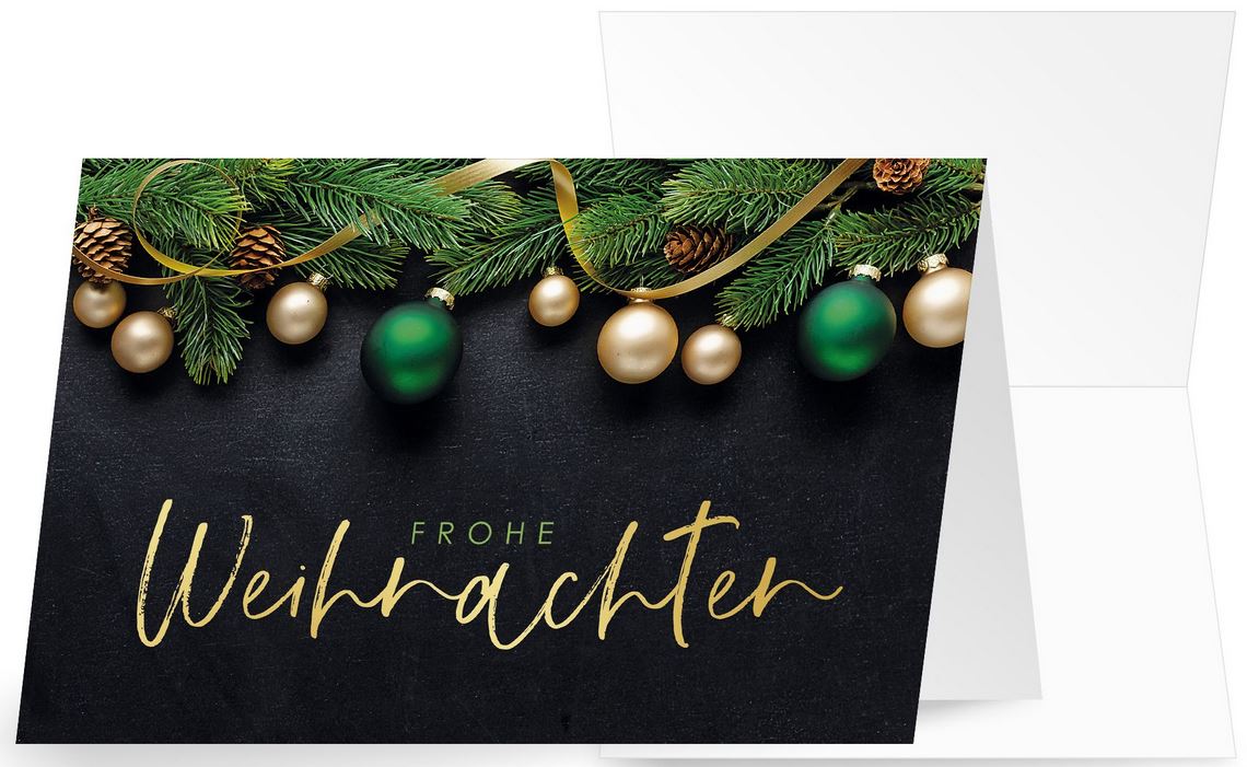 Festliche Spendenkarte mit "Frohe Weihnachten", Kugeln, Tannenzapfen- und Zweigen für Ärzte ohne Grenzen