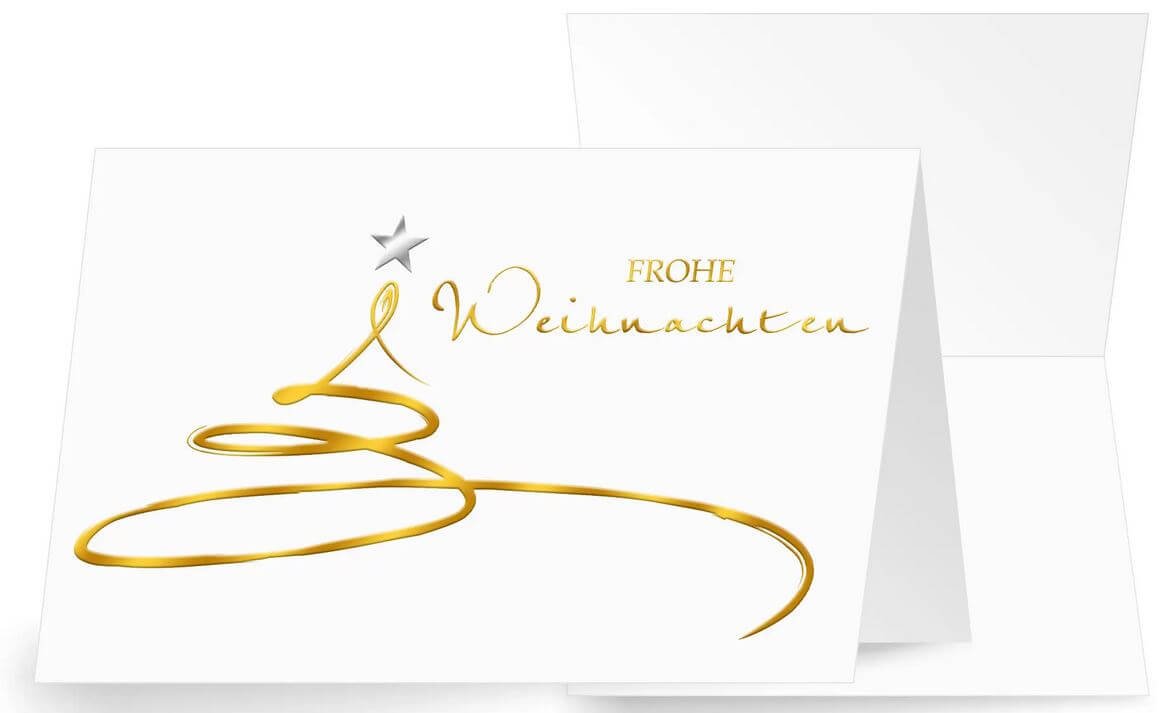 Weiße Weihnachtskarte "Glänzender Weihnachtsgruß" mit goldener Folienprägung